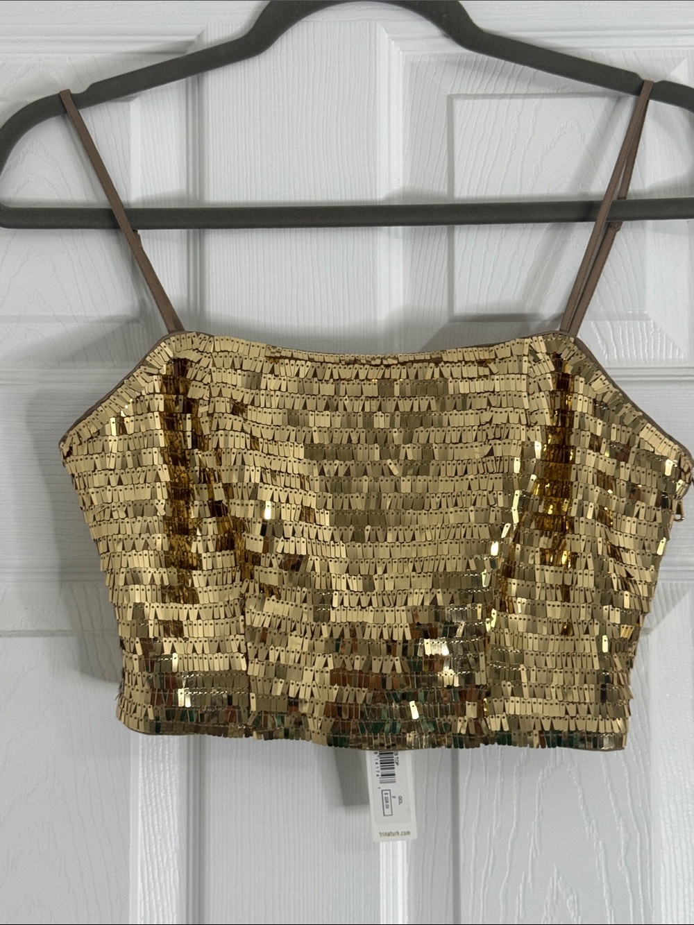 Trina Turk Gold Sequin Crop Top with Slim Straps